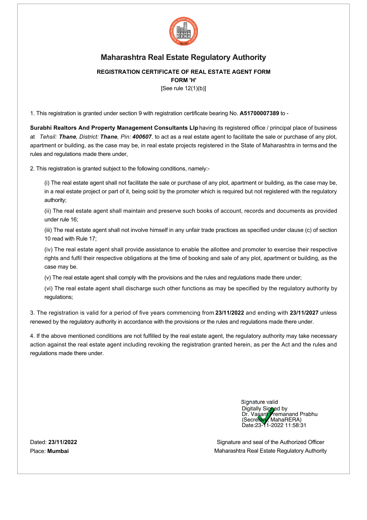 MahaRERA real estate agent registration certificate for Surabhi Realtors