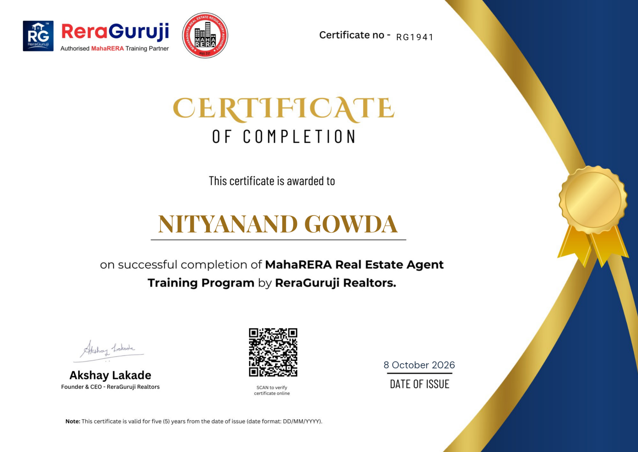 MahaRERA real estate agent training certificate awarded to Nityanand Gowda